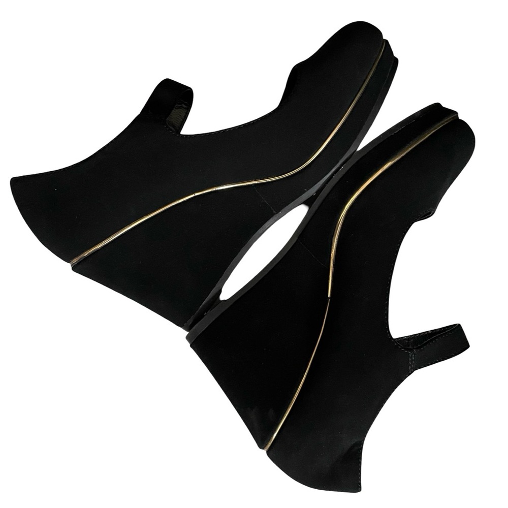 Andiamo Black Velvety & Gold Rimmed Mary Jane Wedges Size 6.5 3” Heel AClaudia - Picture 4 of 8